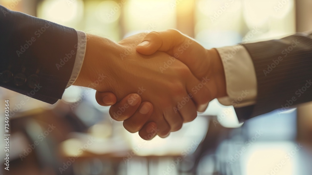 Two businessmen engaging in a firm handshake with the warm glow of the setting sun behind them, symbolizing successful negotiations. Two businessmen engaging in a firm handshake with the warm glow of the setting sun behind them, symbolizing successful negotiations.