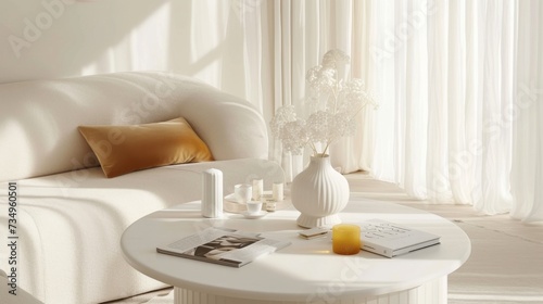 Stylish living room with a white sofa and delicate flowers in a vase, creating a peaceful and elegant atmosphere