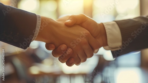Two businessmen engaging in a firm handshake with the warm glow of the setting sun behind them, symbolizing successful negotiations.