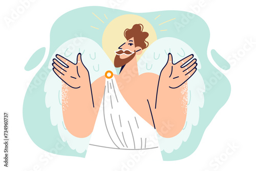 Man with angel wings and luminous halo came down from heaven to help people get on right path