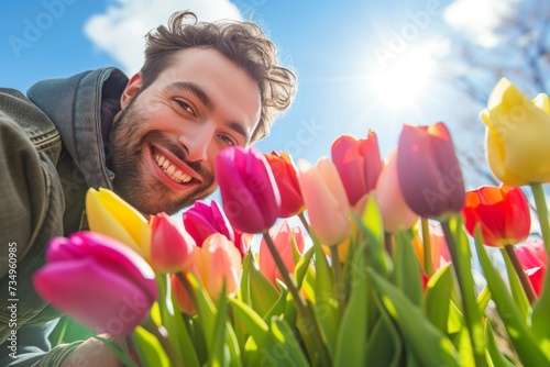 smiling man with a mix of tulips outdoors on sunny day #734960985