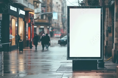 Mockup template of a white outdoor advertising stand Clear street signage board on a pedestrian sidewalk