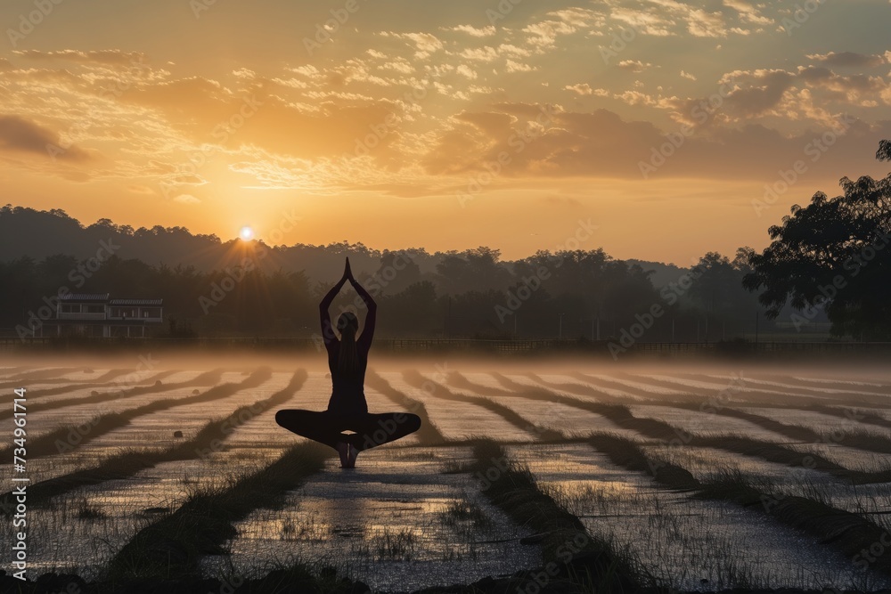 dawn shot of a lot with dew and one person doing yoga