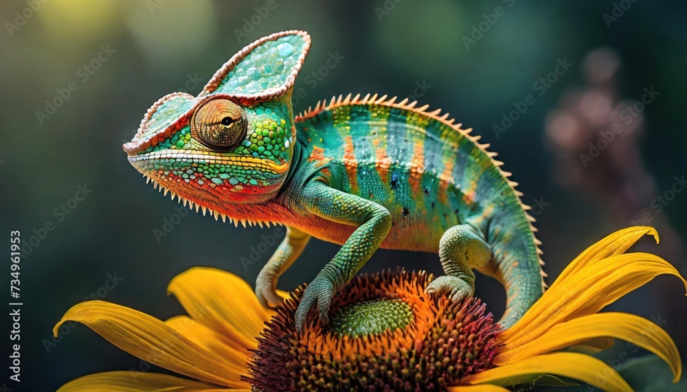 Obraz premium Macro shots, Beautiful nature scene , baby green chameleon sitting on flower in a summer garden.