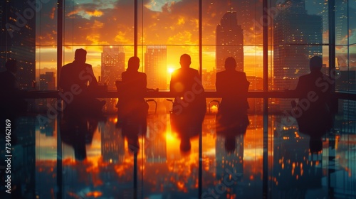 silhouetted businessmen stand before a glass window, looking out at a city's skyline bathed in the warm hues of sunset. 