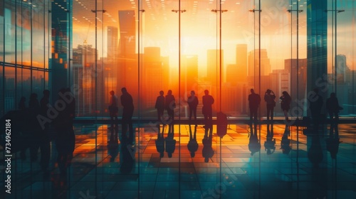 silhouetted businessmen stand before a glass window, looking out at a city's skyline bathed in the warm hues of sunset. 