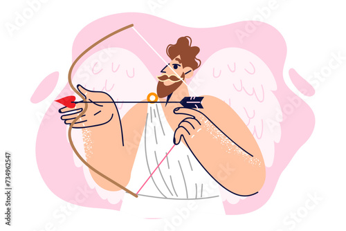 Cupid with angel wings and bow and arrow brings single people together on valentine day