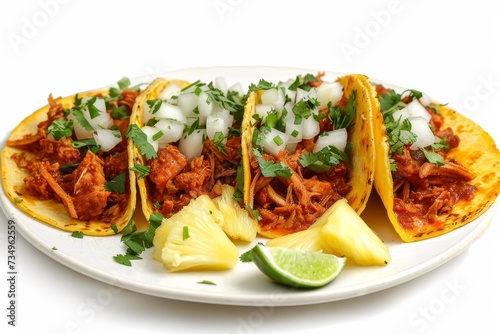 Mexican pork tacos Al pastor with pineapple on a white background photo