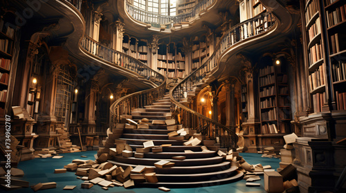 Empty staircase surrounded by books in the library.