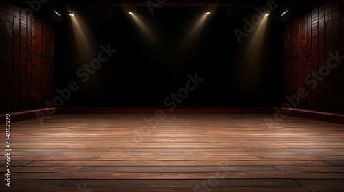 Empty theater stage with wood plank floor.