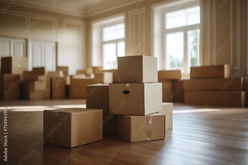 Moving to a new house concept with empty room and boxes copy space available Moving to a new house concept with empty room and boxes copy space available