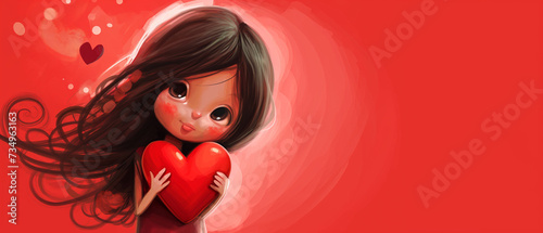 Ilustração do dia dos namorados de uma linda garotinha segurando um coração vermelho
