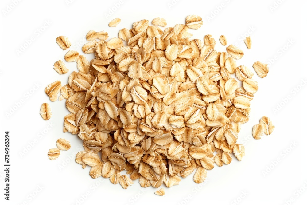 Oat flakes on white background stacked from above