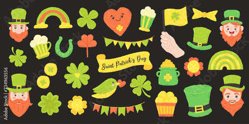 Festive set for St. Patrick's Day: clover, ireland, shamrock, beer, flag, leprechaun, gnome. Hand drawn flat cartoon elements. Vector illustration