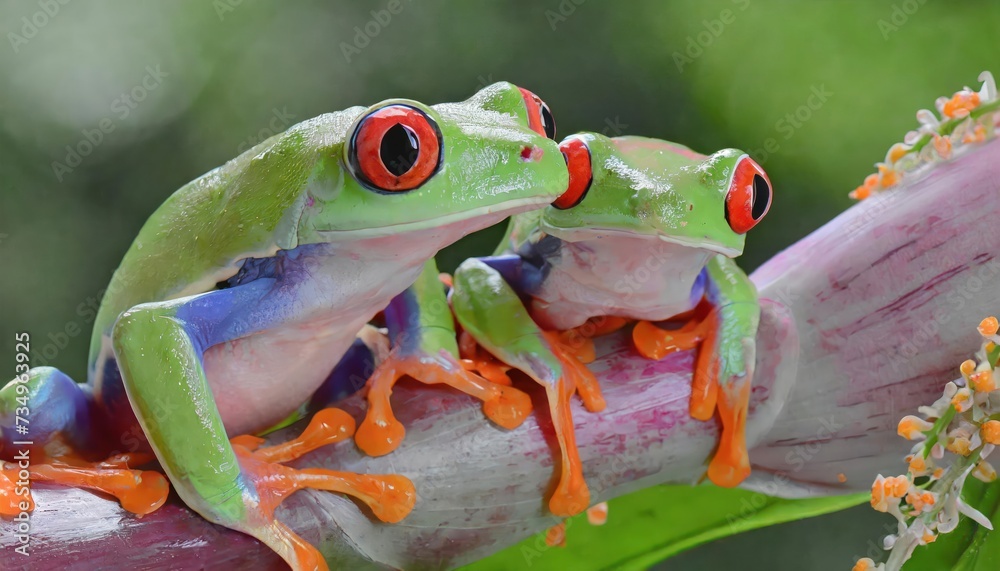 Fototapeta premium Red-eyed tree frog closeup on leaves, Red-eyed tree frog (Agalychnis callidryas) looks over leaf edge