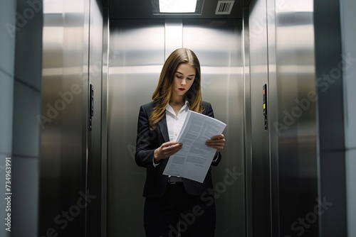woman in business attire reading a report in an elevator