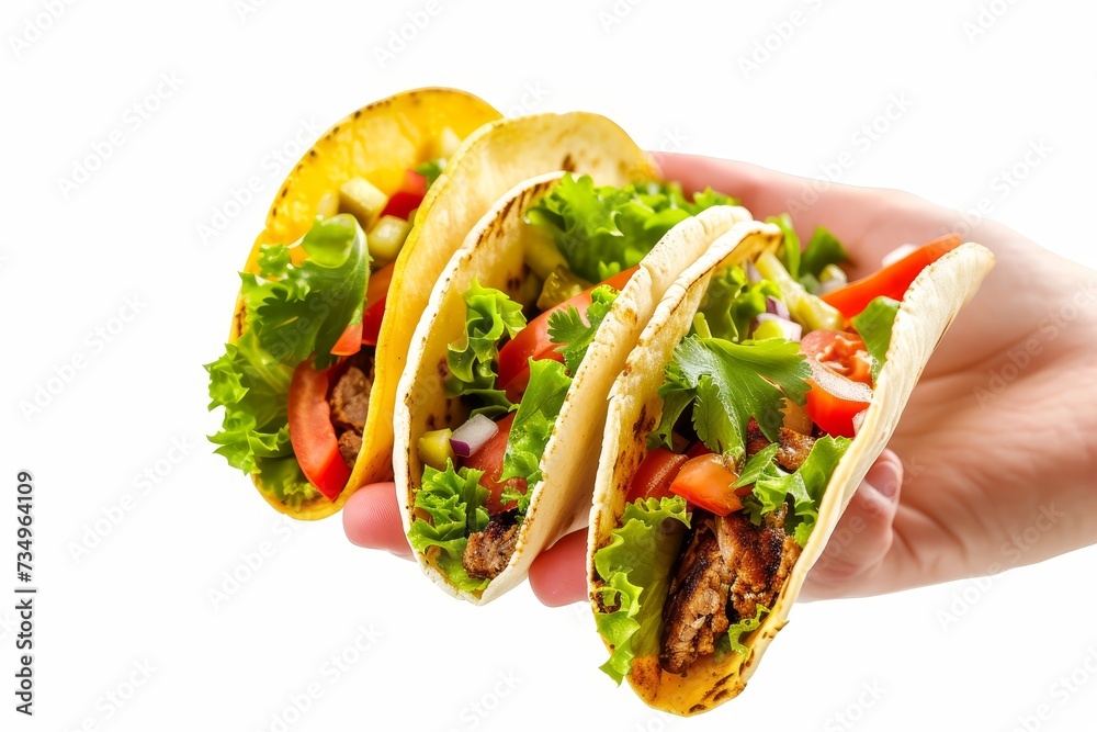 Mexican tacos with meat and vegetables isolated on white Mexican tacos with meat and vegetables isolated on white