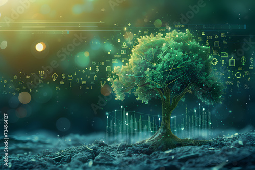 Fintech concept - a tree whose trunk and branches are made of rising financial graphs and currency symbols © anaumenko