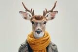 Portrait of deer in coat and yellow scarf. Animal as human.