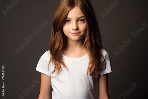 Cheerful teenage girl presenting blank white t-shirt for advertising on a clean studio background