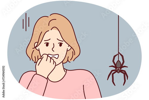 Frightened woman puts hand to face when sees large spider descending from ceiling along web. Young girl experiences arachnophobia after seeing insect and is afraid of being bitten. Flat vector image