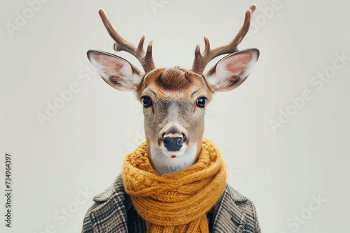 Portrait of deer in coat and yellow scarf. Animal as human.