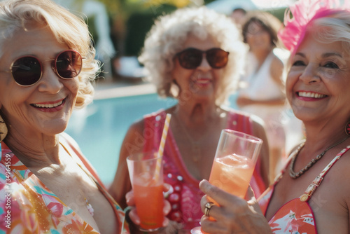 Diverse group of seniors enjoys party by the pool