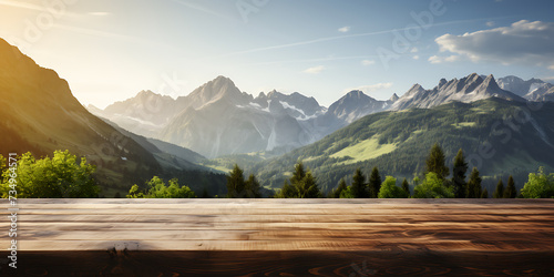 Wooden table scenic view of Dolomites mountains