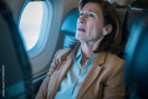 businesswoman on a plane midflight with sudden chest discomfort photo