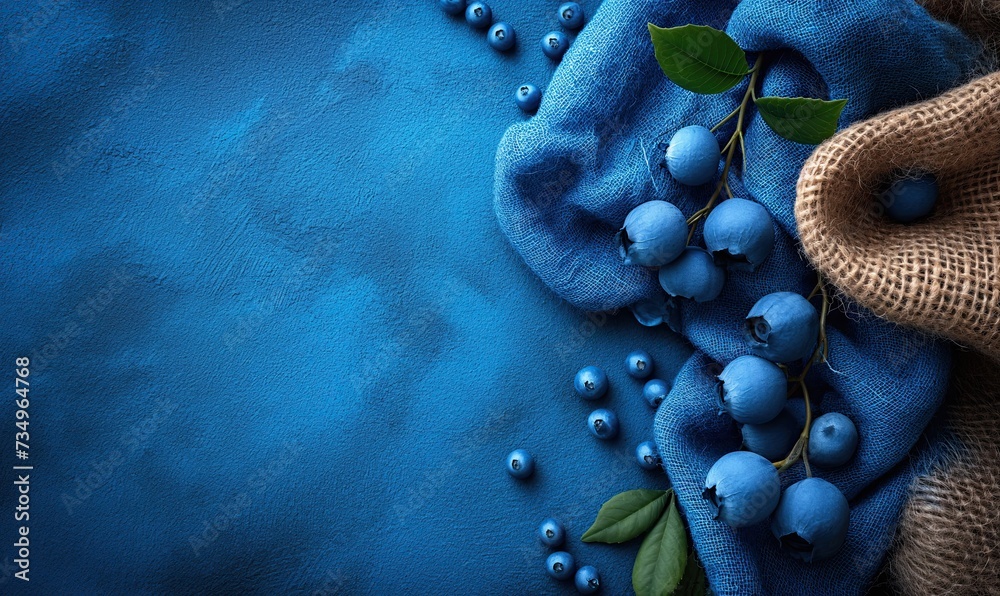 Scattered blueberry on burlap and blue background. - obrazy, fototapety, plakaty 