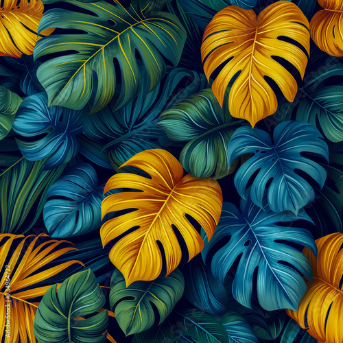 Leaves tropical rainforest, as frameless background, ai generated