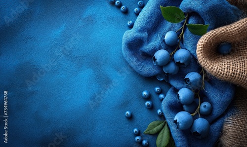 Scattered blueberry on burlap and blue background.