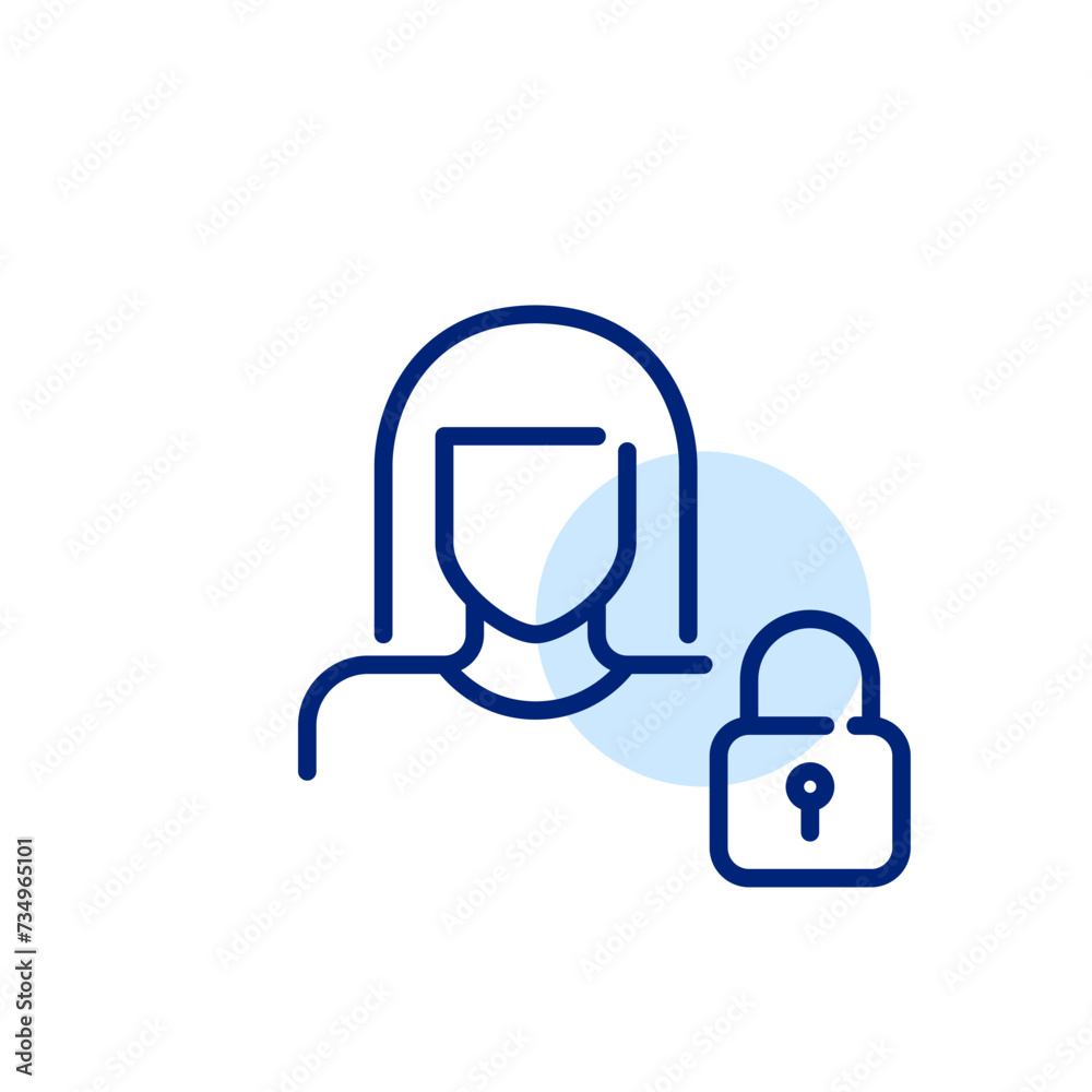 Female user secure account access. Woman and locked padlock. Pixel perfect, editable stroke Female user secure account access. Woman and locked padlock. Pixel perfect, editable stroke