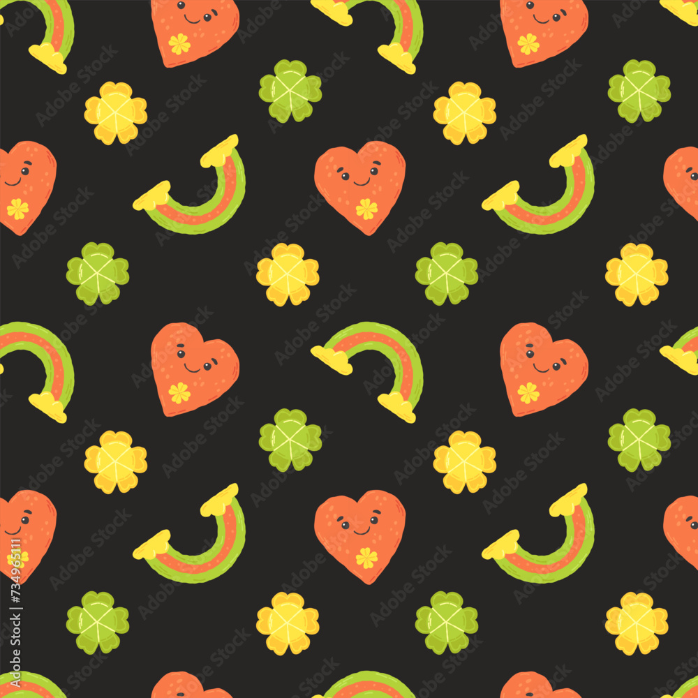 Festive pattern for St. Patrick's Day with clover and rainbow. Hand drawn flat cartoon elements. Vector illustration Festive pattern for St. Patrick's Day with clover and rainbow. Hand drawn flat cartoon elements. Vector illustration