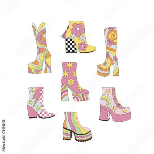 Groovy disco hippie female woman sexy high heel platform shoes vector illustration set isolated on white. 60s 70s 80s retro party fashion boots print collection.