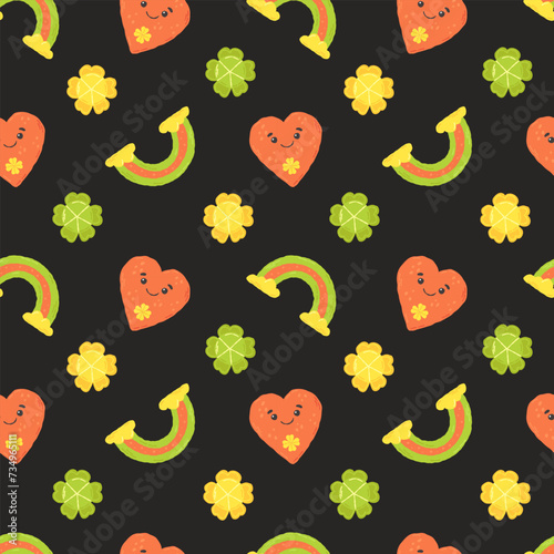 Festive pattern for St. Patrick s Day with clover and rainbow. Hand drawn flat cartoon elements. Vector illustration