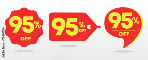 95% off. Special offer, sticker, set, sale. Poster price discount, value. Red, yellow balloon, tag. Advertising, promo, discount, store. Icon, symbol, vector. Campaign retail