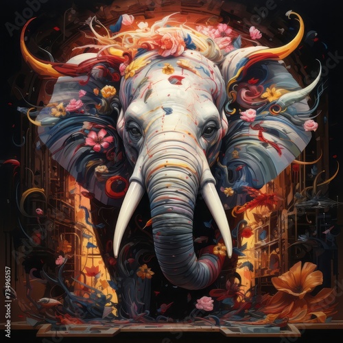 a painting of an elephant with flowers on its head , generated by AI