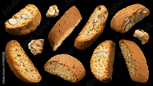 Cantuccini biscuits, Italian almond cookies on black background