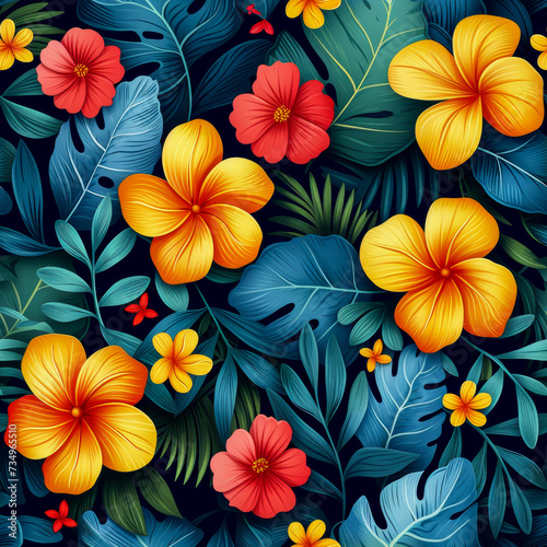 Tropical rainforest leaves and flowers as background, ai generated © Dominique