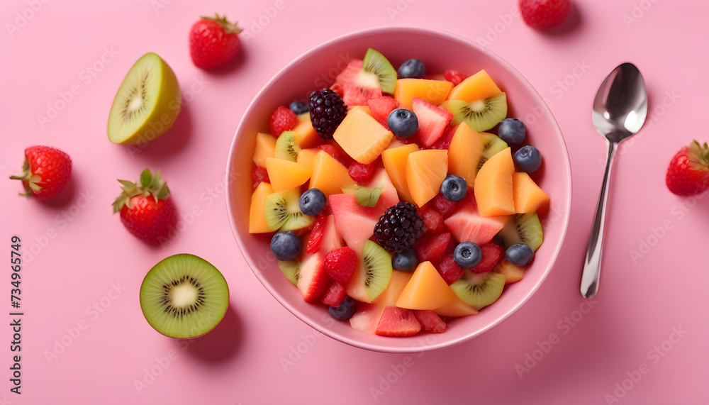 Bowl of fresh fruit salad with spoon on pink background, top view