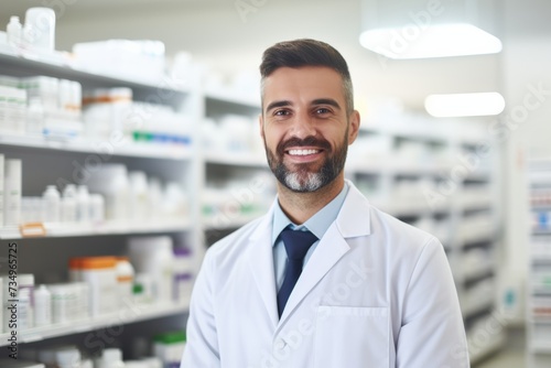Smiling male pharmacist in white coat with shelves of medication in the background