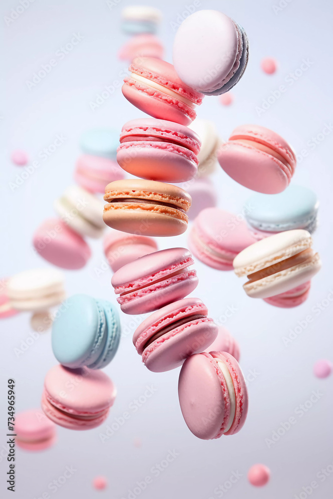 Obraz premium Flying macrons on a light pastel background. Generative AI