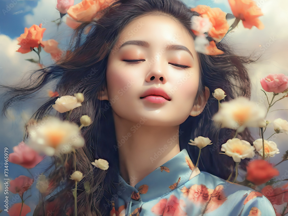 Double exposure portrait of a young Asian woman with her eyes closed and a space of blurred nature near her head. Inner world of a person, star fire, girl love in zen style, rpa ai concept. Esoterics.
