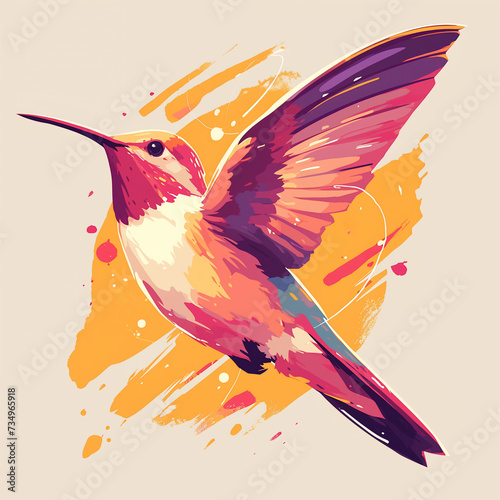 Flat logo of vector Hummingbird, Cute Kawaii Simple Grunge Distressed Print-on-Demand Design for T-shirt, Solid Background
