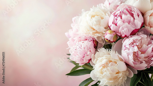 Peony bouquet on soft, dreamy background copy space. Spring summer banner