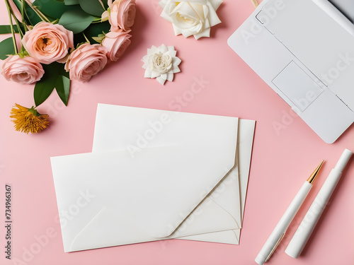 empty mockup with white paper and flowers. greeting card. table top view . envelope and rose. Congratulatory, invitation card with space for text. wedding paper greeting card. holidays festival