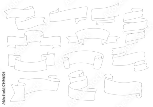 Royal Ribbons And Banners Monochrome Outline Icons Set. Majestic Tapes Flutter Elegantly, Symbolizing Power