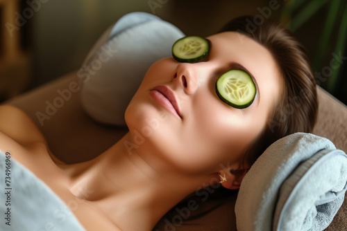 woman with cucumber slices on eyes, reclining on a massage table