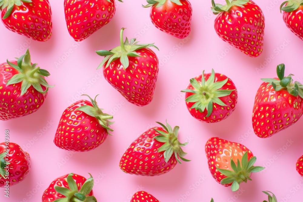 Fresh red strawberry pattern on isolated pink pastel. Generative AI Fresh red strawberry pattern on isolated pink pastel. Generative AI